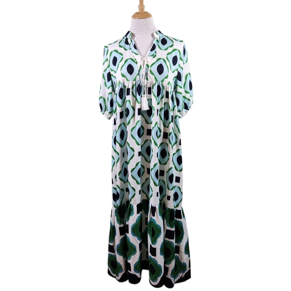 Cezele Dress Geometric Tiered Dress, sz Medium
